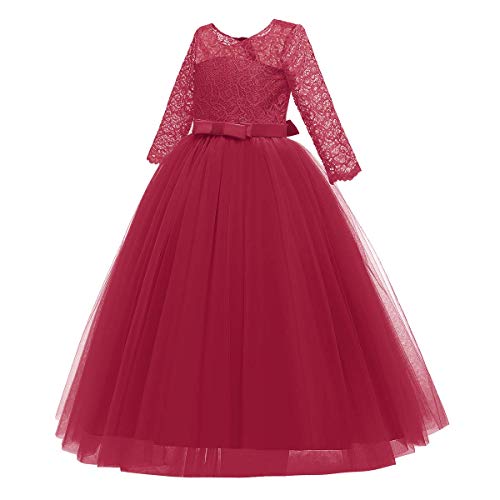 Image of Girls Flower Vintage Floral Lace 3 /4 Sleeves Floor Length Dress Wedding Party Evening Formal Pegeant Dance Gown