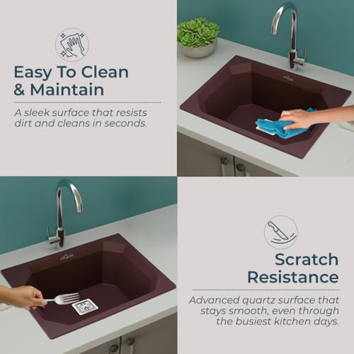 Image of ARQUIN Quartz Kitchen Sink 24x18x9 Inch Brown Diamond | Single Bowl Sink | Durable & Scratch-Resistant | Undermount /Topmount Including Coupling, Waste Pipe & Fruit Washing Basket