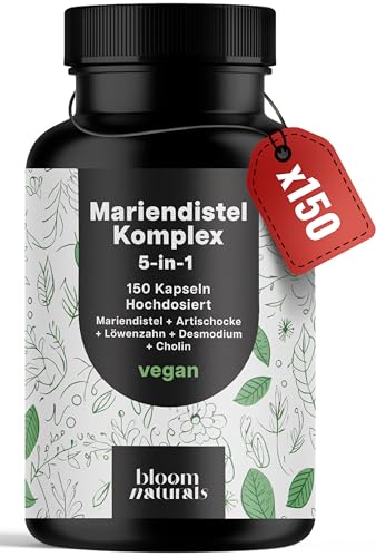 Mariendistel Artischocke Löwenzahn Komplex Hochdosiert - 150 Kapseln - 5-in-1 Komplex mit Mariendistel + Artischocke + Löwenzahn + Desmodium + Cholin - Vegan Laborgeprüft - Verpackung kann variieren
