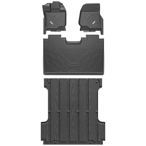 Image of 3W Floor Mats & Bed Mat for Ford F-150 2015-2025 & F150 Lightning 2022-2025 SuperCrew (w /o Fold Flat Storage), TPE All Weather Custom Fit, Full Set | Heavy Duty, Easy Clean - Black