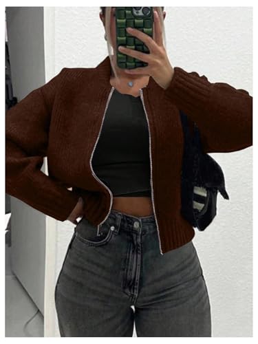 Image of GORGLITTER Women's Zip Up Cardigan Sweaters Trendy Fall Cozy Long Sleeve Knitted Autumn Winter Sweaters Jacket Dressy Brown X-Large
