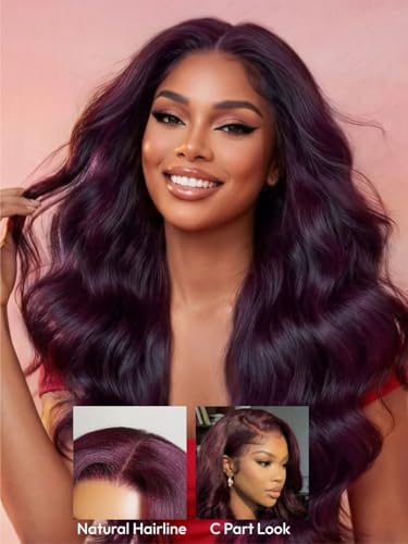 Image of Beauty Forever Bye Bye Knots Black Cherry Loose Body Wave Glueless Wigs Human Hair Pre Plucked Pre Cut 7x5 Lace Front Drawstring Wig with Face Framing Layers Put on and Go Wig 180% Density 18inch