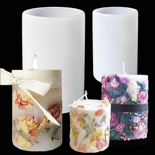ieron Moules cylindriques de 2 tailles pour la fabrication de bougies, 10,2 cm et 8,9 cm, moules en silicone pour bougies d'aromathérapie, résine époxy, moulage, cire, savon, spécimen de fleur