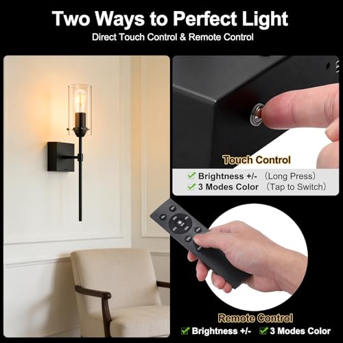 Image of Battery Operated Wall Sconce Glass Wireless Sconce Set of 2 Black | Wall Sconces Rechargeable with Remote Control Dimmable Wall Light for Bedroom Living Room Hallway Entryway, 3000-6500K