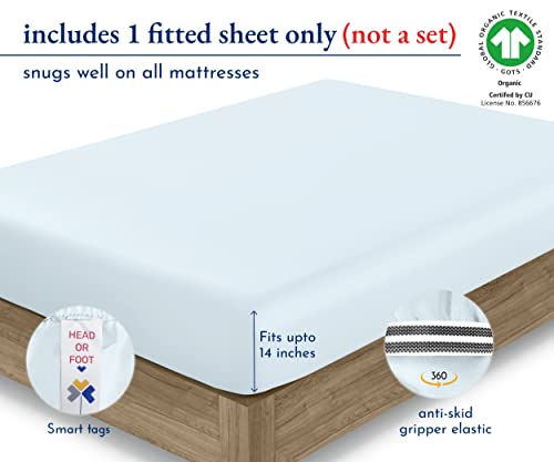 100% Organic Cotton Twin Fitted Sheet, Cooling Percale Weave, Lightweight, Snug-Fit, Crisp, Twin Fitted Sheet Kids, Dorm Rooms, Deep Pocket Twin Sheets, 1 Piece Fitted Sheet Only (Blue Hydrangea) #TOP1