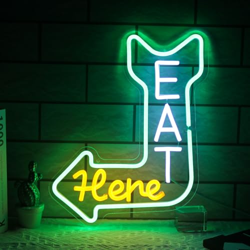 Image of Eat Here Neon Sign with Arrow Guidance for Bar Restaurant Kitchen Decor | Dimmable Kitchen Neon Signs for Wall, Diner Neon Light, Acrylic Business Open Sign, USB Powered, Eat LED Sign, Easy to Hang