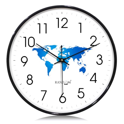 Image of RANDOM Black Plastic World Map Print Sweep Silent Round Battery Operated Analog Wall Clock for Home Office, Living Room, 32 cm