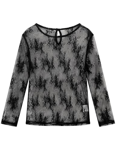 Image of Noomelfish Girls Lace Layering Tops Sheer Mesh Tee Shirts Blouse (5-12 Years)