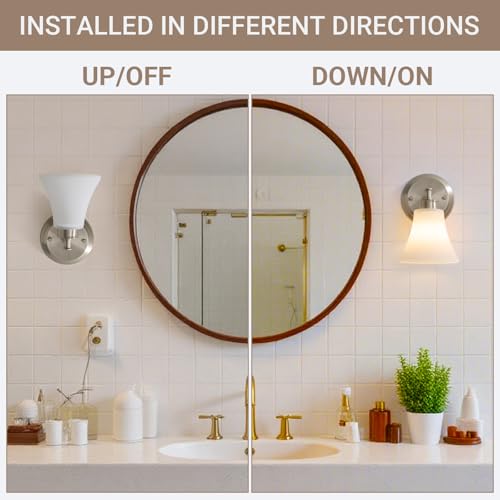 Image of LOUSACE 2 Pack 1-Light Brushed Nickel Bathroom Lighting Fixtures Vintage Bathroom Vanity Lights with Opal White Glass, Set of 2 Single Vanity Wall Sconces for Side Mirror Cabinet Stairs Living Room