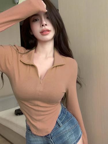 Image of Istyle Can Women's Top Solid Long Sleeve Ribbed Asymmetric Hem Casual T-Shirt with Zipper Collar. Full Sleeve, Rib Knit, Plain, Slim Fit