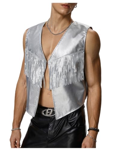 SHENHE Mens Metallic Sequin Fringe Vest Open Front Sleeveless Loose Jacket Rave Clubwear Silver Medium