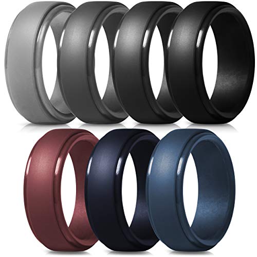 Men's Silicone Ring, Step Edge Rubber Wedding Band, 10mm Wide, 2.5mm Thick (Grey, Dark Grey, Very Dark Grey, Black, Navy Blue, Dark Red, Dark Blue, 9.5-10 (19.8mm))
