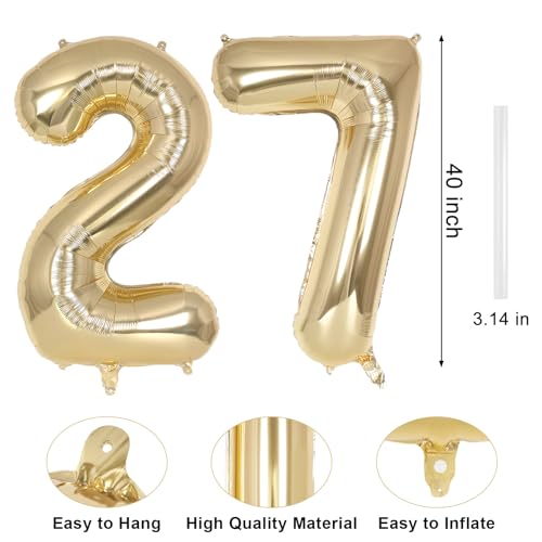 Image of Champagne Gold Large Number 27 Balloon, 40 Inch Light Gold Foil Helium Number Balloons, Giant Mylar Number 27 Balloons for 27 Years Old Birthday Party Anniversary Decorations (Champagne Gold 27)