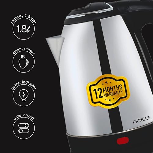 Image of Pringle Nexxa 1.8L Stainless Steel Electric Kettle for Boiling Water for tea and Noodle making with 12 Months Replacement Warranty