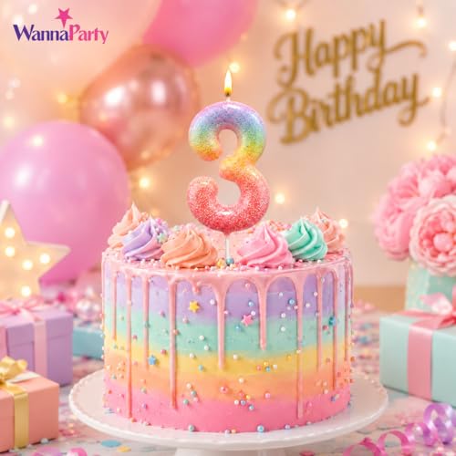 Image of Wanna Party Glitter Colorful 3rd Birthday Candle, Number 3 Cake Candle Cake Toppers for Girl Women, Glitter Colorful Themed Party Decorations Supplies Birthday Gifts