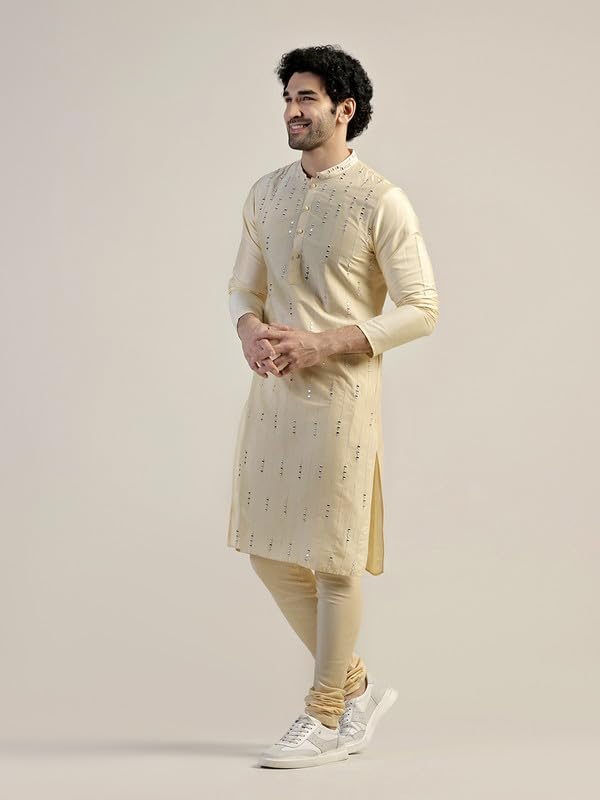Kisah Men's Kurta, Cream Cotton Blend, Embellished Regular Fit Mandarin Collar Long Sleeves (38)