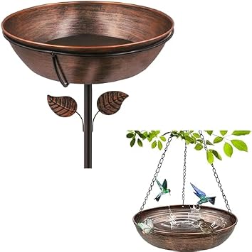 3" Deep Metal Bird Bath for Outdoors, Removable 13" Dia Bowl+12" Hanging Bird Bath with Stable Upgrades Stake Easy to Clean Birdbaths for Garden Yard Lawn Decor 1.4 Gallon
