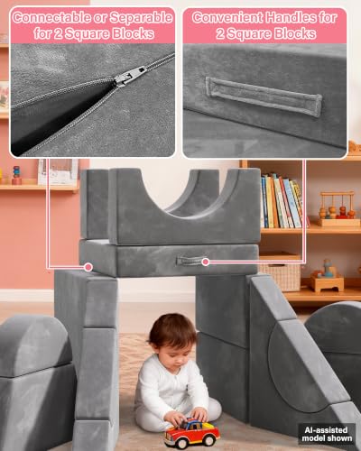 Image of YEFU 15pcs Modular Kids Play Couch,1000+ Imagination Creative Play | for kids ages 1+,7 shapes,countless configurations,30D high-density foam,fort building,washable cover, playroom,birthday gift