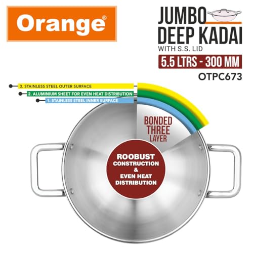 Image of Orange Triply Jumbo Stainless Steel Deep Kadai with Steel Lid (S.S. Lid) 5.5 LTR, 30cm Diameter | Induction Friendly | Heavy Bottom with Cool Touch Handle | 2.5mm Thickness | 5Year Warranty