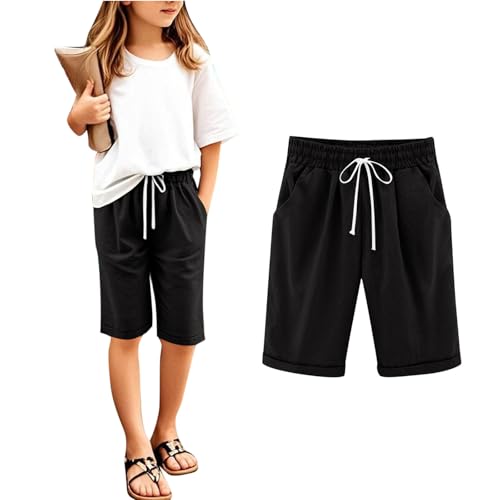 Bermuda Shorts for Girls Knee Length Summer Casual Lightweight Breathable Comfy Linen Long Shorts for Teens Kids 3-13T