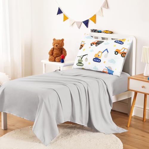 Image of Wake In Cloud - Toddler Bedding Set for Boys, Construction Car Excavator Truck, 4 Pieces Soft Crib Bed Set Including Comforter, Sheets and Pillowcase, White