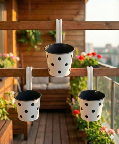 Image of Premium Hook Planter with Inner Pot | Polka Dot Hanging Planter for Balcony & Railings | Sturdy Plastic | Built-in Drainage | Vibrant Colours | Indoor & Outdoor Gardening (3 Pot, White)