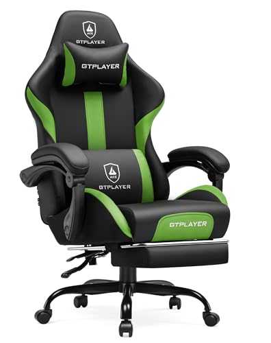 GTRACING Gaming Chair with Foot Rest & Pocket Spring Cushion, Ergonomic High Back Computer Chair with Headrest & 360°-Swivel Seat for Home Office Desk, PU Leather, Vivid Green