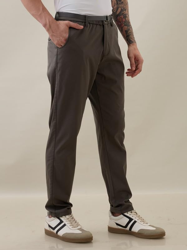 Image of Nostrum Men's Smart-Casual Tapered Trousers for Men, Charcoal, Cotton Corduroy, Mid Rise, Regular Slim Fit with Adjustable Belt, Side and Back Pockets, Casual Wea