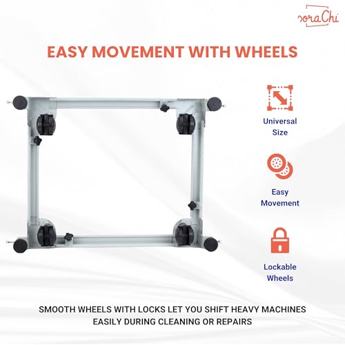 Image of SoraChi Adjustable Iron Washing Machine Stand with Wheels | Elevates Appliances to Prevent Water Damage & Reduce Vibrations | Universal Fit for Washers & Refrigerators (Grey)