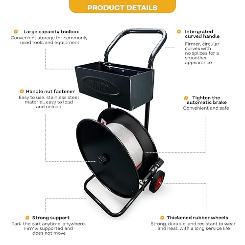 Image of IDL Packaging Strapping Cart & Dispenser for Cord Strapping (16 inch x 3 inch Core) | CA-248 for Woven Cord Coils - Durable Steel Tube Frame and Rubber Wheels - Built-In Tray for Cutter, Buckles, & Gloves