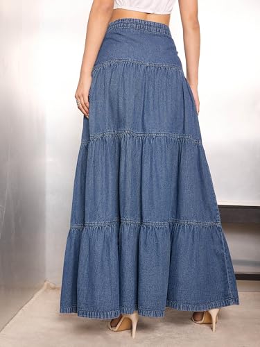 Image of Sassafras Women Washed Denim Tiered Maxi Skirt