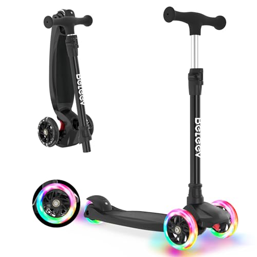 BELEEV A3 Roller Kinder 3 Jahre, 3 Räder Scooter Kinder mit LED Leuchtende Räder, 5 Höhenverstellbare, Lean to Steer, Rutschfestes Deck, Premium Kinderroller 3-12 Jahre Mädchen Jungen, Dreiradscooter