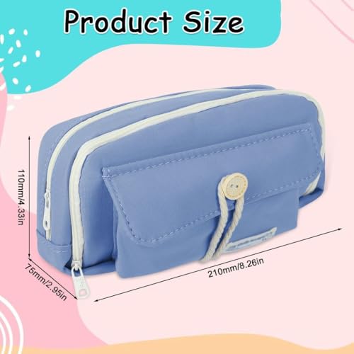 Image of Canvas School Bag Pencil Case, 3 Layer 6 Compartment Large Capacity, Aesthetic Pencil Pouch for Stationary, Cute Stationery for Kids, Pencil Case for Girls & Boys (Our Timer Blue)