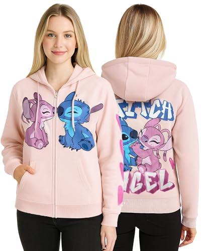 Disney Womens Zip Up Hoodies - Cozy Soft Fleece Graphic Sweatshirts for Women (S-XL with Plus Sizes: 1X-3X), Size Medium, Stitch and Angel Pink