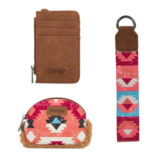 Image of Wrangler Western Keychain Wristlet Wallets for Women Dual Pouch Wristlet Sherpa Coin Purse for Women Keychain Card Holder WG166-W0051BR