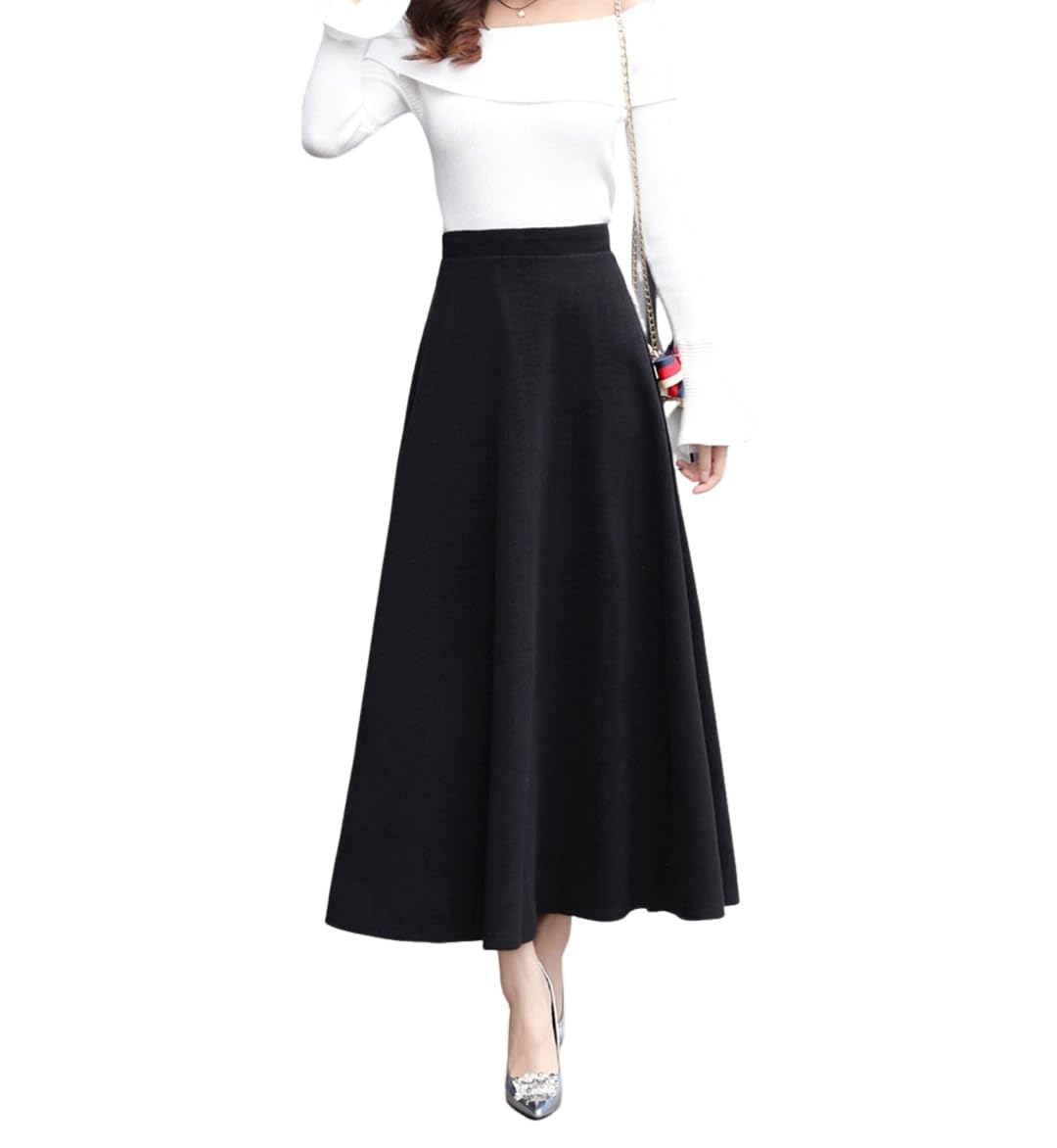 LWZDREAM Women’s Fall Winter Plaid Maxi Skirt Elegant Wool High Waist A-line Pleated Swing Long Skirts(M,Black)