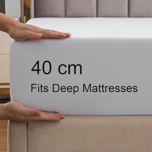 Soifox Double Fitted Sheets 40 cm Extra Deep Pocket White Bed Sheets 16 inch, Soft Microfiber Bottom Sheet for Double Bed 135x190cm - Image 4