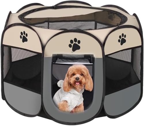 BDHD ペットサークル メッシュサークル 折りたたみ 超小型犬 小型犬 中型犬 飛び出し防止屋根付き 室内 屋外 持ち運び コンパクト アウトドア 旅行 災害対策 ソフトケージ プレイ 犬 (M,グレー)