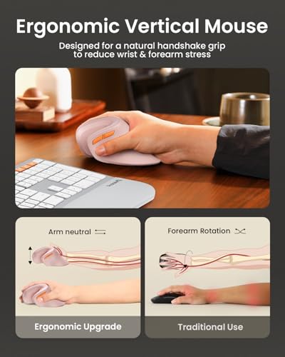 Image of ProtoArc EM11 NL Wireless Ergonomic Vertical Mouse, Rechargeable, Pink | Connects to 3 devices via Bluetooth /2.4G USB-A, with 500mAh USB-C charging, 1000 /1600 /2400 DPI, quiet clicks
