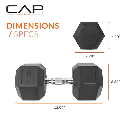 Image of CAP Rubber Coated Dumbbell Weights, Free Weights for Home Gym Strength Training, Anti-Roll Hex Dumbbells with Black, Chrome & Comfort Grip Handles, Singles