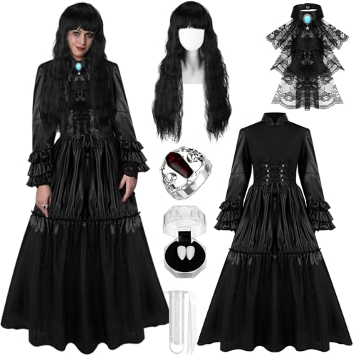 Maiteenly 6 Pcs Women Victorian Vampire Costume Plus Size Gothic Dress Wig Collar Fangs Ring for Halloween Cosplay Party(XL)