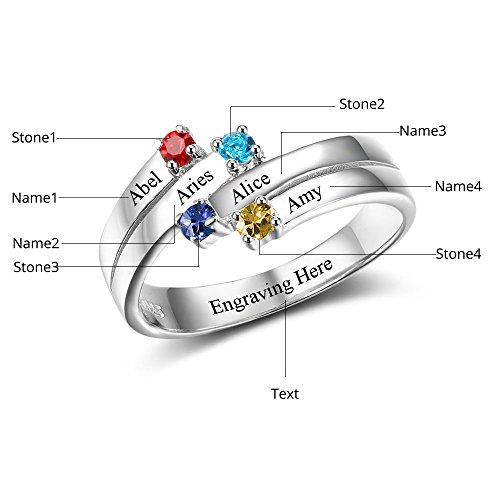 Love Jewelry Personalized Sterling Silver Mothers Rings with 4 Simulated Birthstones Custom 4 Names Family Promise Rings for Women4