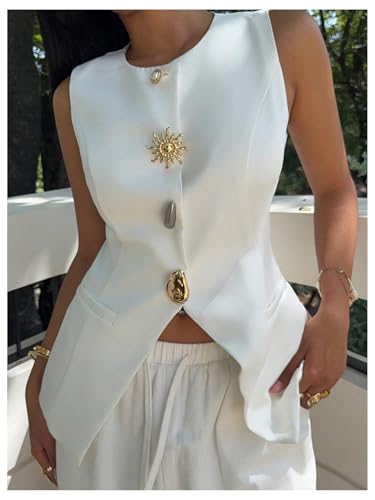 MakeMeChic Women's Elegant Office Button Down Blazer Sleeveless Crew Neck Vest Outerwear2