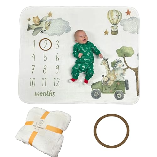 Image of Tiny Treasures Baby Monthly Milestone Blanket Unisex | Soft Fleece, Safari Design | Newborn Photography Backdrop | Neutral Pastel Colors | 48" x 40
