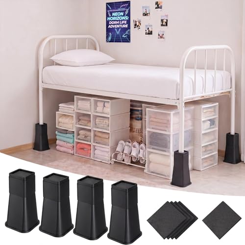 Novabright 4 Pack 12 Inch College Dorm Bed Risers Heavy Duty Extra Plastic Dorm Bed Extender Stackable Furniture Risers for College Room Storage Sofa Table Desk Couch Chair(Black)