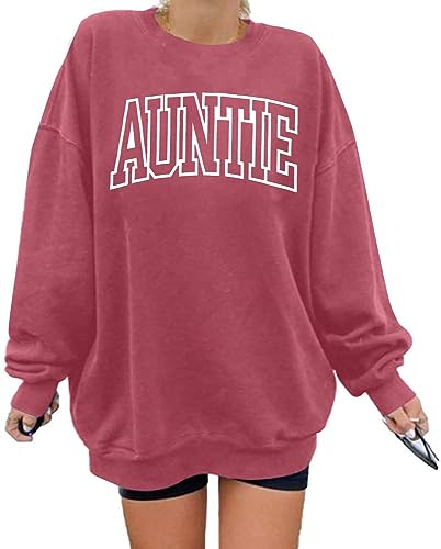 LOTUCY Womens Aunt Sweatshirt Cool Aunt Crewneck Sweatshirt Auntie Letter Print Long Sleeve Pullover Top Dark Pink