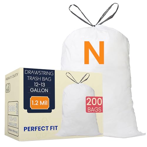 Image of Code N (200 Count) 12-13 Gallon Heavy Duty Drawstring Trash Bags Compatible with simplehuman Code N Garbage Can Liners 12-13 Gallon /45-50 Liter | 1.2 Mil | White