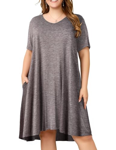 Image of OVERWORETY Womens Short Sleeve Plus Size T-Shirt Dress V Neck Casual Loose Swing A-Line Summer Tunic Dresses with Pockets