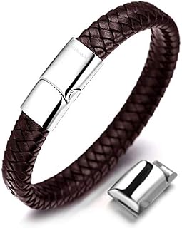HALUKAKAH  Solo  Men's Leather Bracelet Black Brown Braided Titanium Magnetic Clasp 8.46"(21.5cm) with Free Giftbox