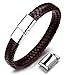 Halukakah Plus ● Solo ● Pulsera Hombre Cuero Genuina Marrón con Cierre Magnético Titanio Acero Inoxidable Plata Tamaño Ajustable 8.46"-9"(21.5-23cm) con Caja de Regalo